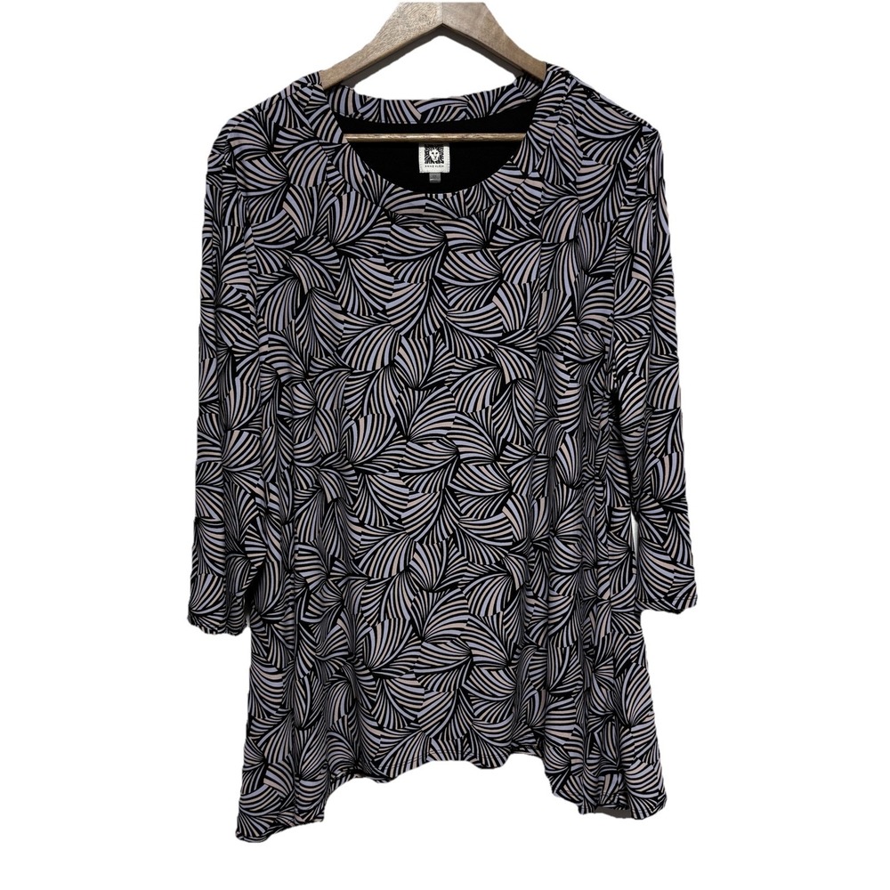 Anne Klein Tunic Womens 2X Black Purple Geometric Swirl 3/4 Sleeve SharkBite Hem